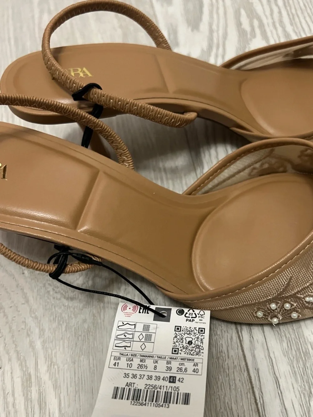 Zara tan embroidered & beaded mesh sling-back heels. 10 NWT